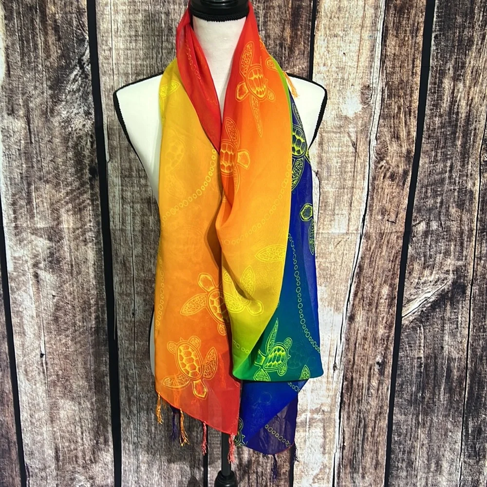 Scarf Rainbow Sheer Turtle Print Tassel Shawl - 41.5 x 68
